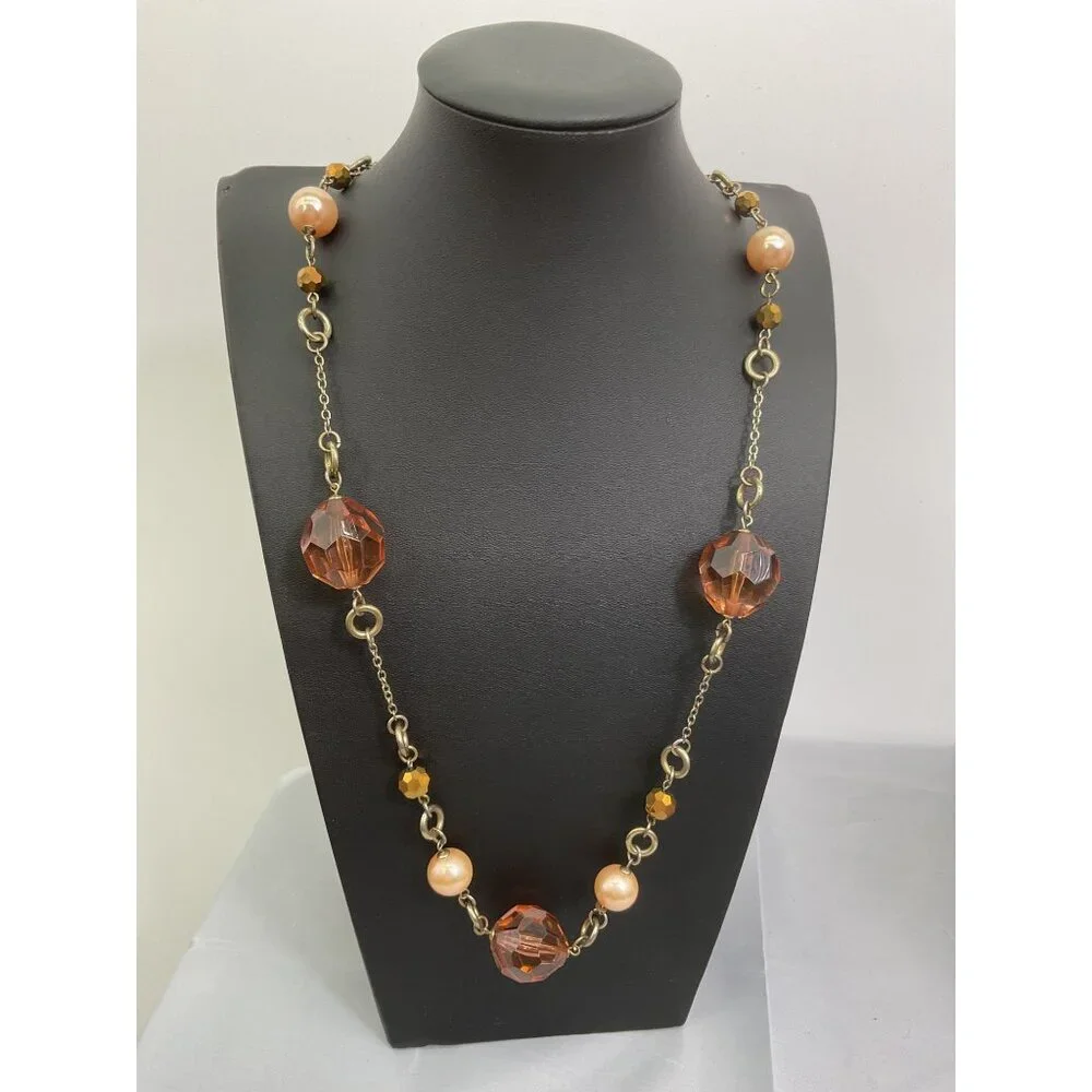 Long Beaded Necklace With Large Amber Colored & Pearl-Like Beads